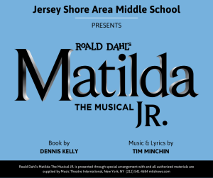 Image of Matilda JR the Musical Logo and the text Jersey Shore Area Middle School Presents Roald Dahl's Matilda Jr the Musical.