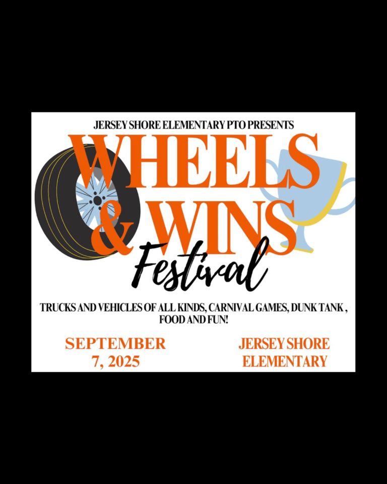 Image of a wheel with text that says "Jersey Shore :Elementary PTO Presents Wheels & Wins Festival. Trucks and Vehicles of all kinds, carnival games, dunk tank, food and fun! September 7, 2025, Jersey Shore Elementary
